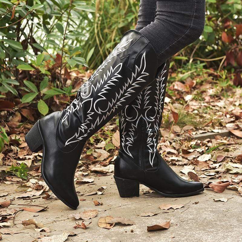 Boho Beach Hut Knee-High Boots, Western Boots, Red Boots, Black Boots, Brown Boots Black / 4.5 Knee High Western Boots