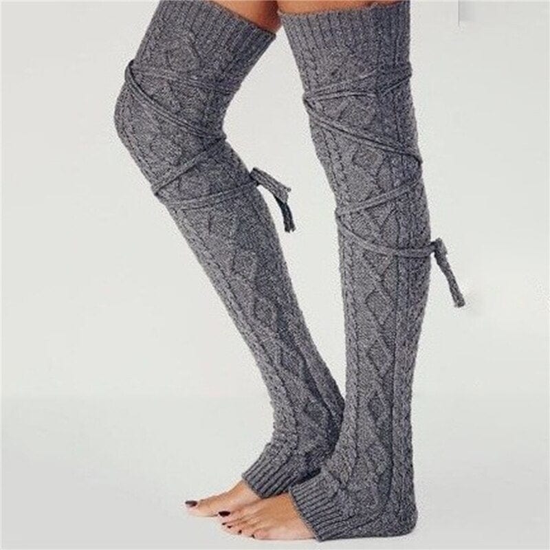 Boho Beach Hut Leg Warmers, Socks Long Knit Leg Warmers Dark Gray / One Size