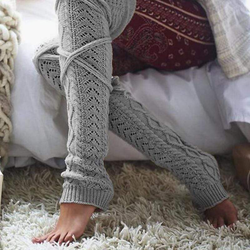 Boho Beach Hut Leg Warmers, Socks Long Knit Leg Warmers Light Gray / One Size