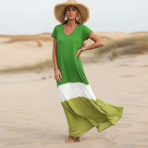 green casual maxi dress Boho Multi-Colored Maxi Dress – Casual V-Neck T-Shirt Style Long Dress Women's Boho Fashion in Black | XXXL