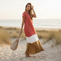 Boho Multi-Colored Maxi Dress Casual V-Neck T-Shirt Style Long Dress Boho Beach Hut Boho Multi-Colored Maxi Dress Casual V-Neck T-Shirt Style Long Dress Boho Beach Hut