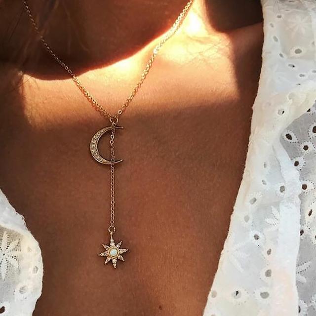 Boho Beach Hut Necklace, Moon necklace, star necklace Boho Crescent Moon Pendant Necklace Gold / One Size