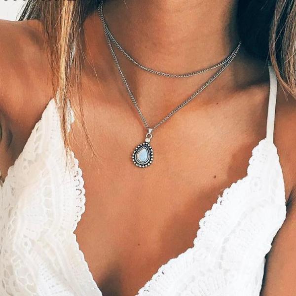 Boho Beach Hut Necklace Silver / One Size Bohemian Crescent Water Drop Necklace