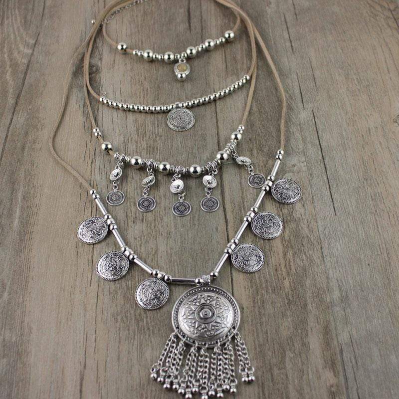 Boho Beach Hut Necklaces Boho Silver Multi Layer Necklace Silver / One Size