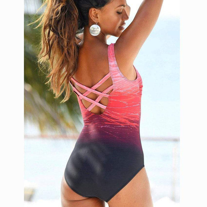 Boho Beach Hut One Piece Swimsuit, Swimsuit, Swimwear One Piece Criss Cross Back Swimsuit