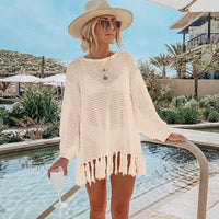 Boho Beach Hut Plus Size, Cover up, Beach Cover up Beige / One Size Boho Beach Crochet Knit Tassel Cover Up