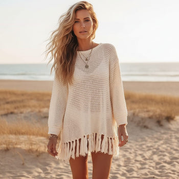 Boho Beach Hut Plus Size, Cover up, Beach Cover up Beige / One Size Boho Beach Crochet Knit Tassel Cover Up