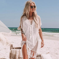 Boho Beach Hut Plus Size, Cover up, Beach Cover up Dress White / One Size Sexy Tassel Beach Cover Up