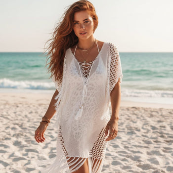 Boho Beach Hut Plus Size, Cover up, Beach Cover up Dress White / One Size Sexy Tassel Beach Cover Up