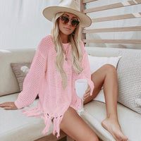 Boho Beach Hut Plus Size, Cover up, Beach Cover up Pink / One Size Boho Beach Crochet Knit Tassel Cover Up