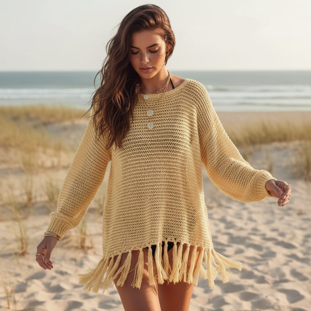 Boho Crochet Knit Beach Cover Up Hollow Out Tassel Mini Dress in Beige | Women's Boho Fashion | One Size | Polyester, Cotton Boho Crochet Knit Beach Cover Up Hollow Out Tassel Mini Dress in Beige | Women's Boho Fashion | One Size | Polyester, Cotton