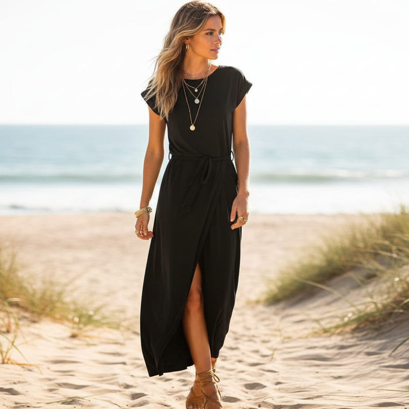 Split Long Boho Maxi Dress Layered Skirt, Square Neck & Waist Sash in Black | Women's Boho Fashion | L | Cotton, Polyester Split Long Boho Maxi Dress Layered Skirt, Square Neck & Waist Sash in Black | Women's Boho Fashion | L | Cotton, Polyester