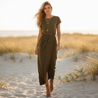 Split Long Boho Maxi Dress Layered Skirt, Square Neck & Waist Sash in Army Green | Women's Boho Fashion | 3XL | Cotton, Polyester Split Long Boho Maxi Dress Layered Skirt, Square Neck & Waist Sash in Army Green | Women's Boho Fashion | 3XL | Cotton, Polyester
