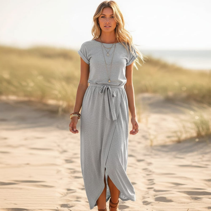 Split Long Boho Maxi Dress Layered Skirt, Square Neck & Waist Sash Boho Beach Hut Split Long Boho Maxi Dress Layered Skirt, Square Neck & Waist Sash Boho Beach Hut