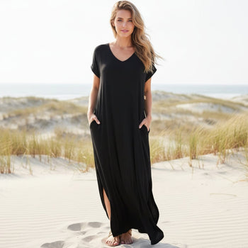 Boho Beach Hut Plus Size dress, short sleeve dress, Beach Dress, Chic Dress, Summer Dress, Maxi Dress, long dress, black dress, burgundy dress, blue dress, navy dress, gray dress, brown dress, casual dress Black / S Casual T-Shirt Maxi Dress