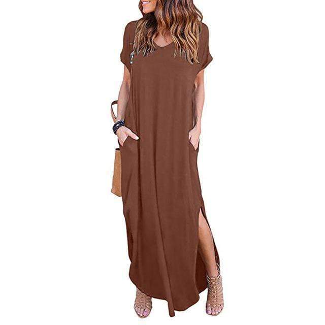 Boho Beach Hut Plus Size dress, short sleeve dress, Beach Dress, Chic Dress, Summer Dress, Maxi Dress, long dress, black dress, burgundy dress, blue dress, navy dress, gray dress, brown dress, casual dress Casual T-Shirt Maxi Dress Brown / S