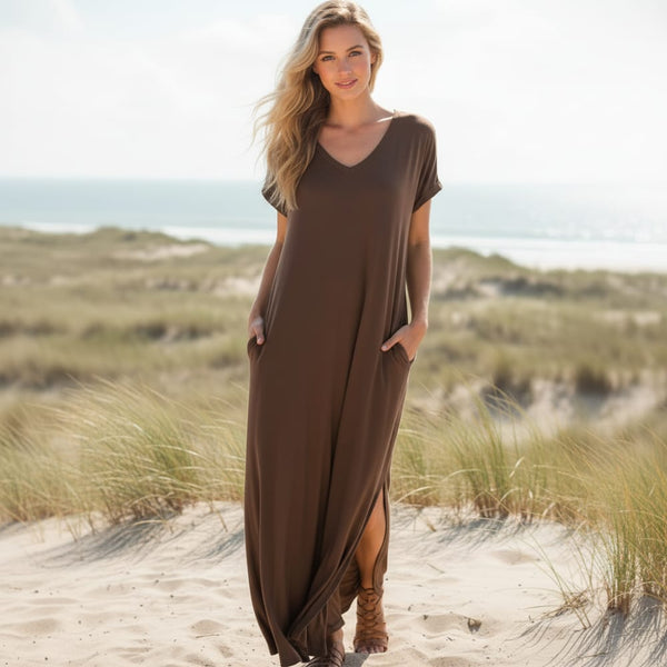 Boho Beach Hut Plus Size dress, short sleeve dress, Beach Dress, Chic Dress, Summer Dress, Maxi Dress, long dress, black dress, burgundy dress, blue dress, navy dress, gray dress, brown dress, casual dress Casual T-Shirt Maxi Dress Brown / S