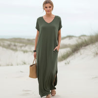 Casual Boho T-Shirt Maxi Dress V-Neck Side Slit Summer Dress in Green | Women's Boho Fashion | XXL | Nylon, Acrylic Casual Boho T-Shirt Maxi Dress V-Neck Side Slit Summer Dress in Green | Women's Boho Fashion | XXL | Nylon, Acrylic