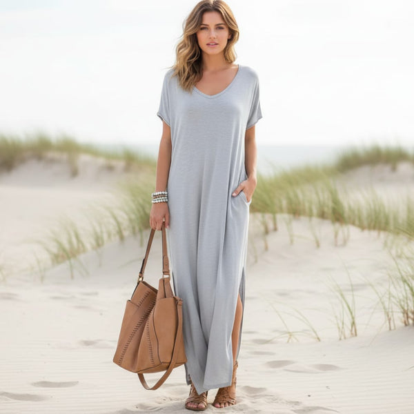 Boho Beach Hut Plus Size dress, short sleeve dress, Beach Dress, Chic Dress, Summer Dress, Maxi Dress, long dress, black dress, burgundy dress, blue dress, navy dress, gray dress, brown dress, casual dress Gray / S Casual T-Shirt Maxi Dress