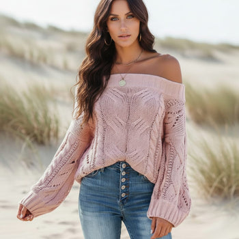 Boho Beach Hut Pullovers, Sweater, Knit Sweater, Boho Sweater Sexy Off Shoulder Sweater Pink / S