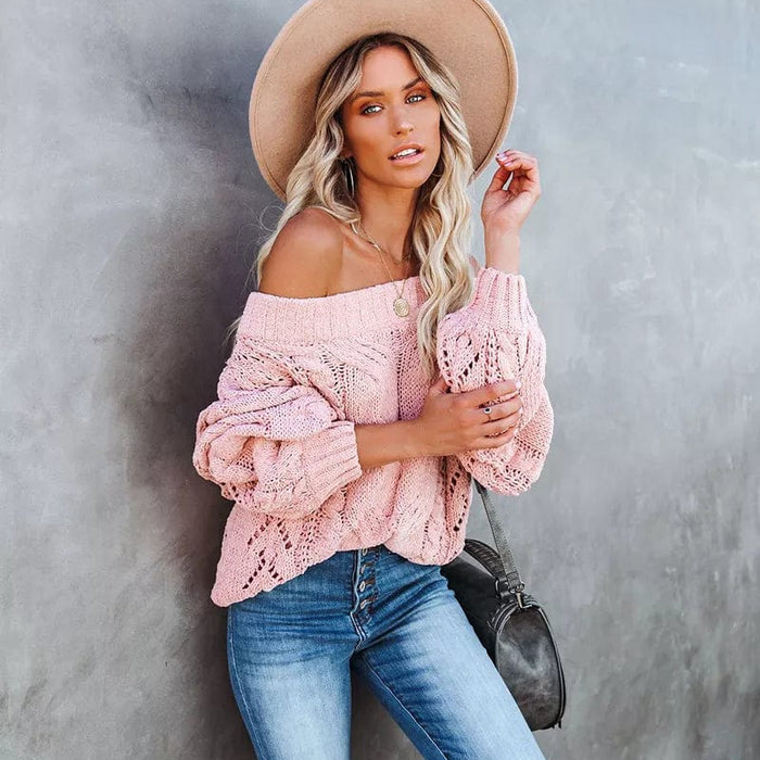 Boho Beach Hut Pullovers, Sweater, Knit Sweater, Boho Sweater Sexy Off Shoulder Sweater Pink / S