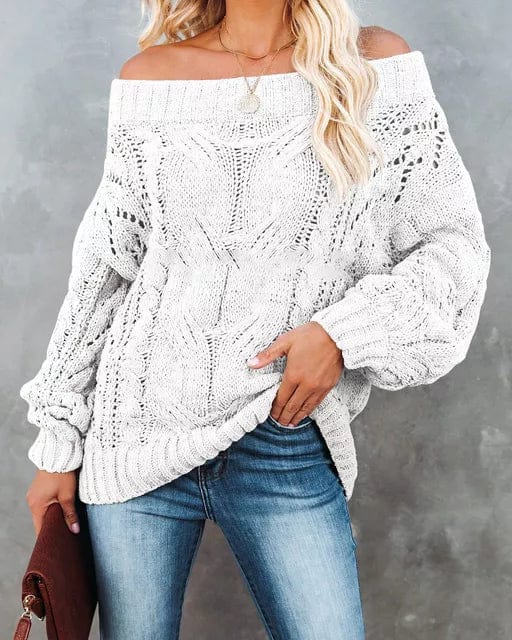 Boho Beach Hut Pullovers, Sweater, Knit Sweater, Boho Sweater Sexy Off Shoulder Sweater White / S