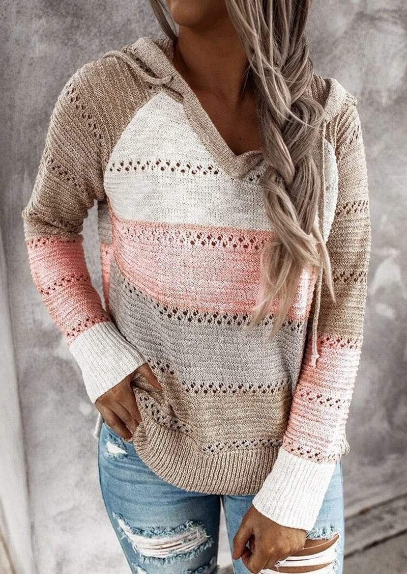 Boho Beach Hut Pullovers, Sweater, Knit Sweater, Long Sleeve, Hooded Sweater S / Beige Boho Patchwork Pullover Sweater