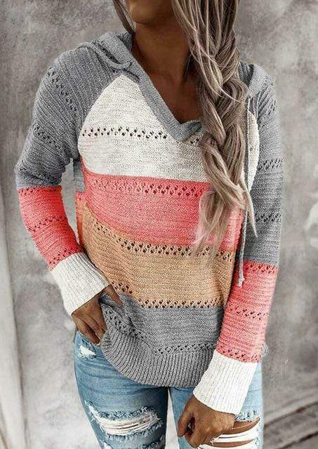 Boho Beach Hut Pullovers, Sweater, Knit Sweater, Long Sleeve, Hooded Sweater S / Gray Boho Patchwork Pullover Sweater