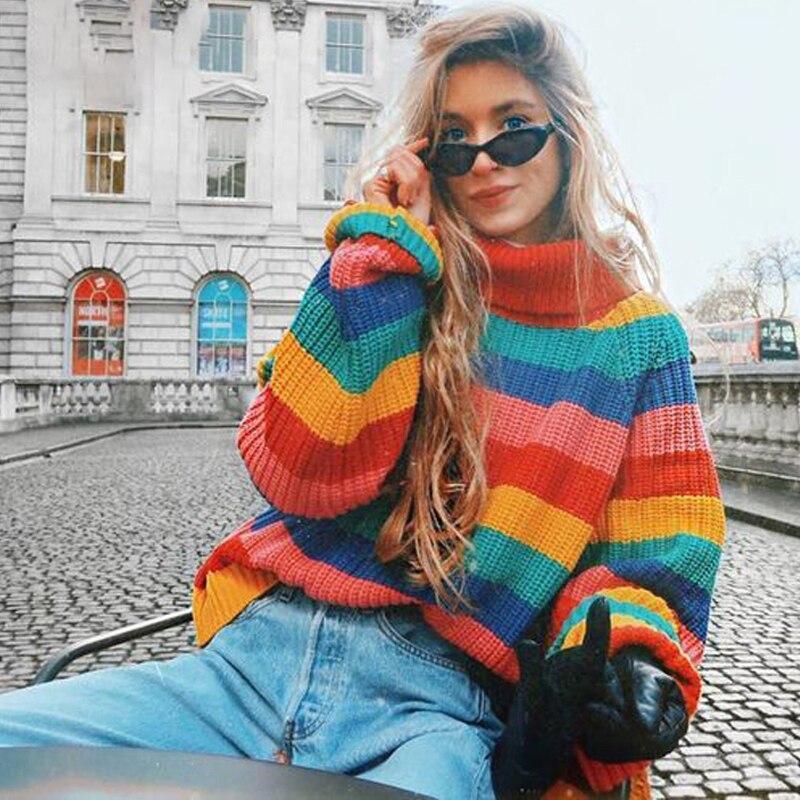 Boho Beach Hut Pullovers, Sweater, Knit Sweater Rainbow Striped Turtleneck Bohemian Sweater Rainbow / One Size