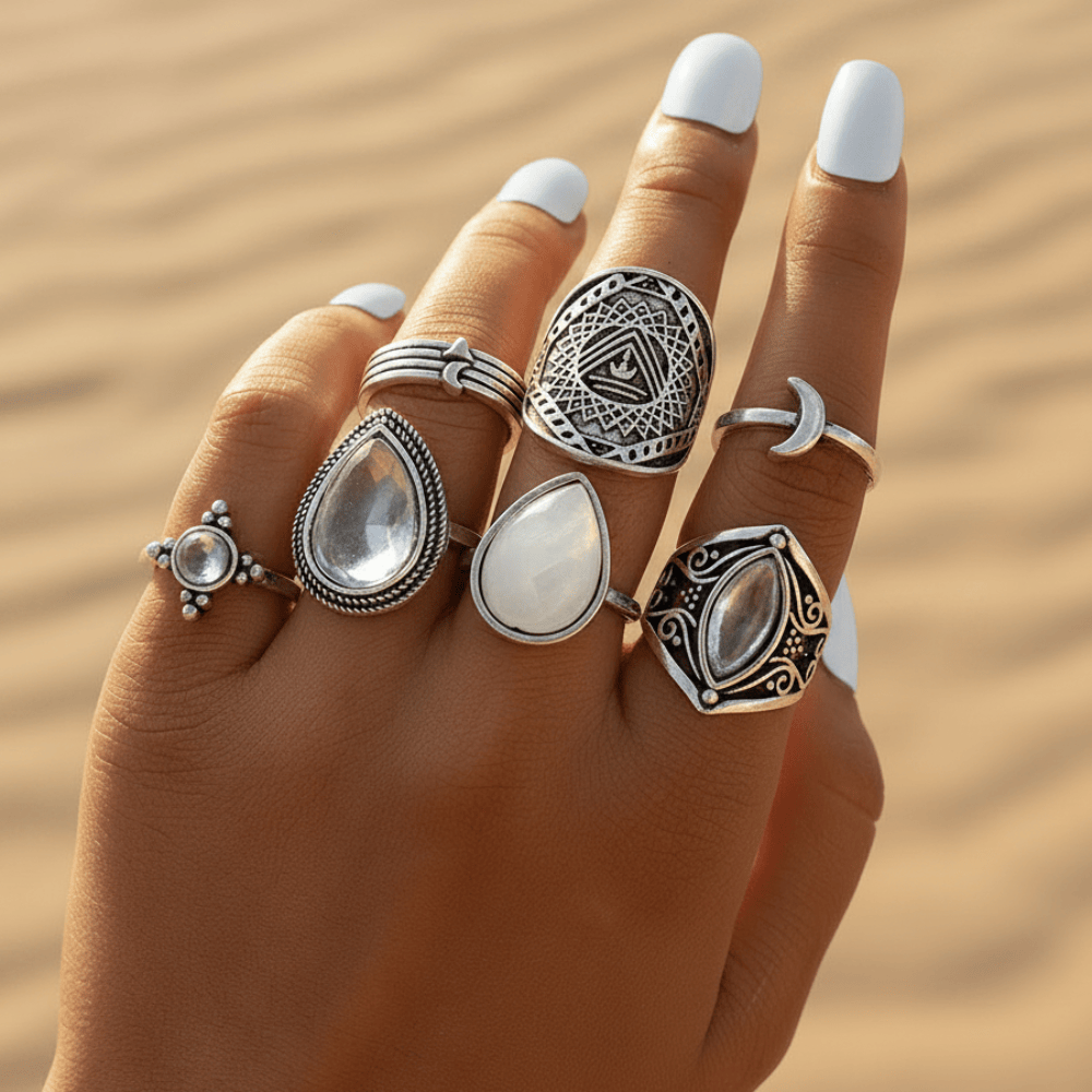 Boho Beach Hut Rings, Ring Set 7pc Silver Vintage Ring Set Silver / 5-8.5
