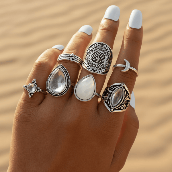 Boho Beach Hut Rings, Ring Set 7pc Silver Vintage Ring Set Silver / 5-8.5