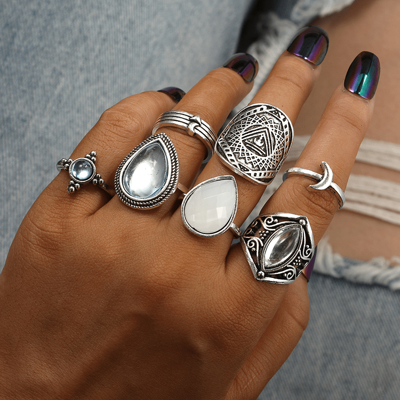 Boho Beach Hut Rings, Ring Set 7pc Silver Vintage Ring Set Silver / 5-8.5