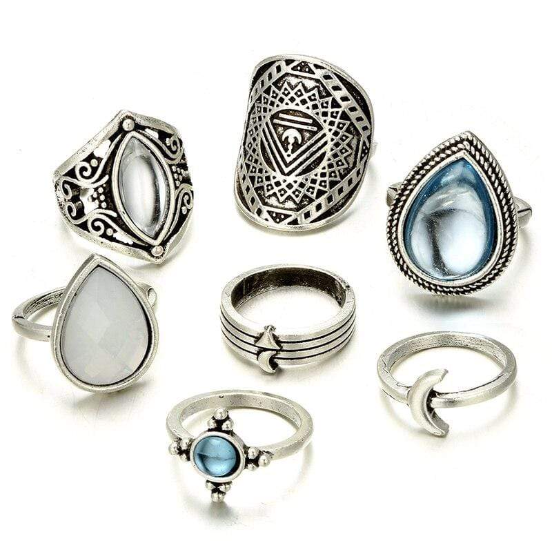 Boho Beach Hut Rings, Ring Set 7pc Silver Vintage Ring Set Silver / 5-8.5