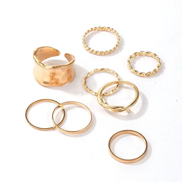 Boho Beach Hut Rings, Ring Set 8 Pc Bohemian Style Gold Ring Set 4-8 / Gold