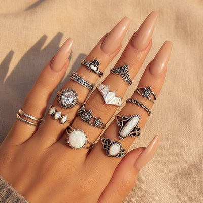 Boho Beach Hut Rings, Ring set Silver / 4-8 Vintage Antique 12pc Ring Set