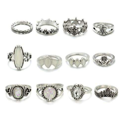 Boho Beach Hut Rings, Ring set Silver / 4-8 Vintage Antique 12pc Ring Set