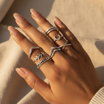 Boho Beach Hut Rings, Ring sets, silver rings, Moon Ring Silver / 5-8.5 Antique Silver Boho Ring Set