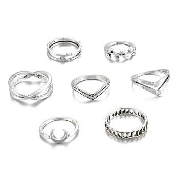 Boho Beach Hut Rings, Ring sets, silver rings, Moon Ring Silver / 5-8.5 Antique Silver Boho Ring Set