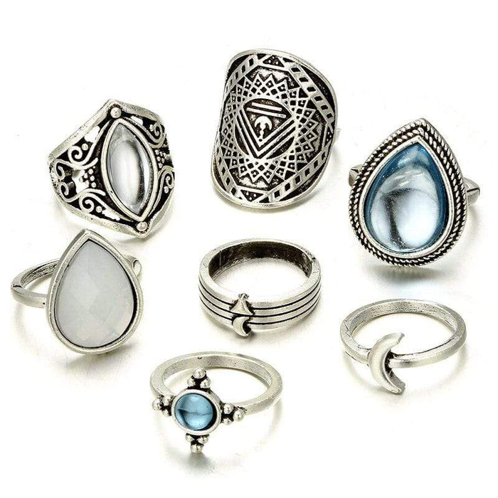 Boho Beach Hut Rings, Ring sets, silver rings, opal rings Silver / 5-8.5 7pc Silver Vintage Ring Set