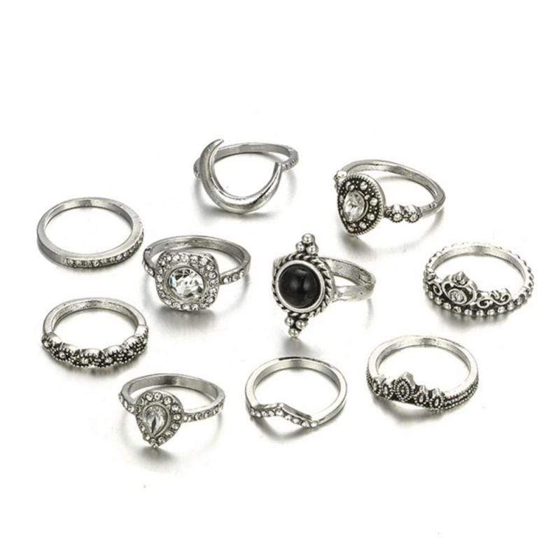 Boho Beach Hut Rings Silver / 5-8.5 10pc Bohemian Black Ring Set