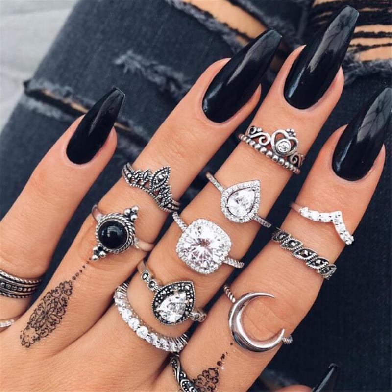 Boho Beach Hut Rings Silver / 5-8.5 10pc Bohemian Black Ring Set