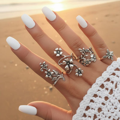 Boho Beach Hut Rings Vintage Antique Silver Ring Set Silver / 5-8