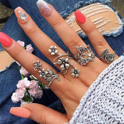 Boho Beach Hut Rings Vintage Antique Silver Ring Set Silver / 5-8