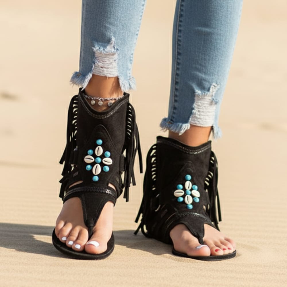 Sandals Tassel Beaded Gladiator Embroidered Black Women's