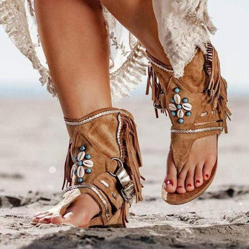 Boho Beach Hut Sandals, Flats, Shoes Boho Vintage Beaded Tassel Sandals Brown / 5