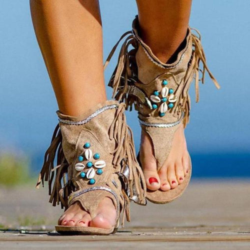Boho Beach Hut Sandals, Flats, Shoes Boho Vintage Beaded Tassel Sandals Khaki / 5