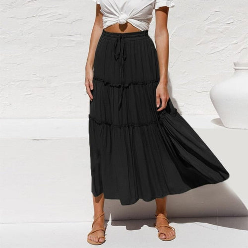 Boho Beach Hut Skirt, maxi skirt Bohemian Ruffle Maxi Skirt Black / S