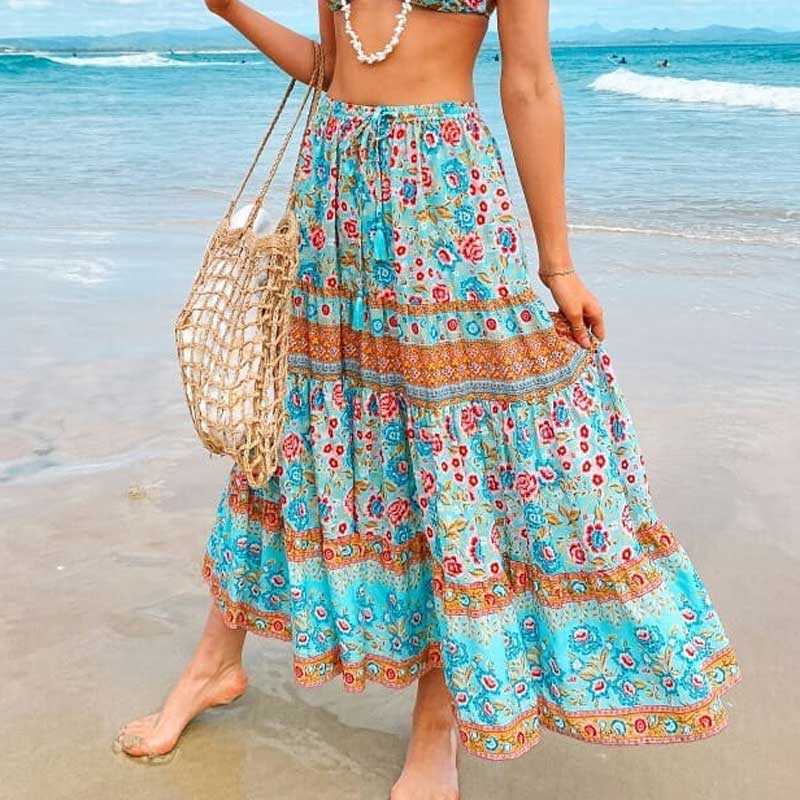 Boho Beach Hut Skirts, Maxi Skirts Blue / S Boho Inspired Floral Skirt