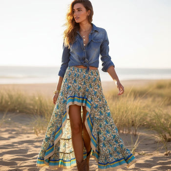Boho Beach Hut Skirts, Maxi Skirts Boho Floral Maxi Skirt Blue / S