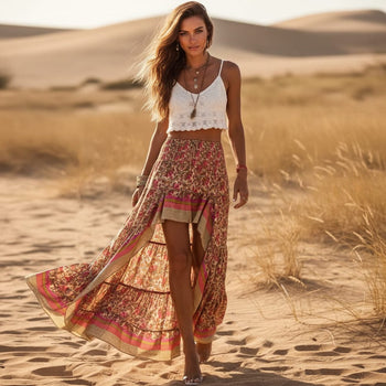 Boho Beach Hut Skirts, Maxi Skirts Boho Floral Maxi Skirt Red / S